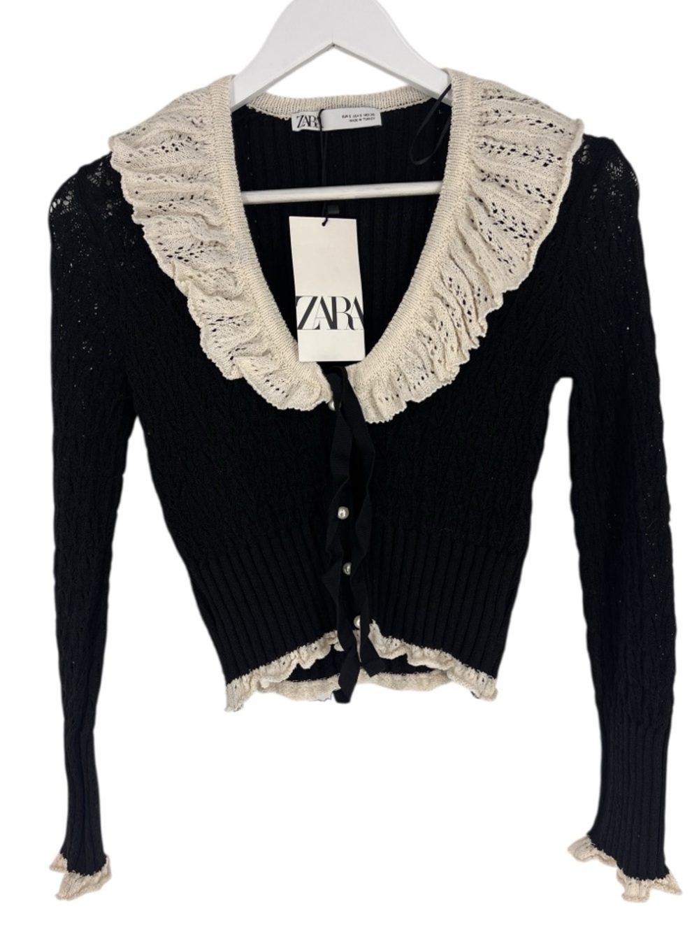 NWT Zara Size Small Mixed Ruffle Knit Collar Cardigan Coquette Doll